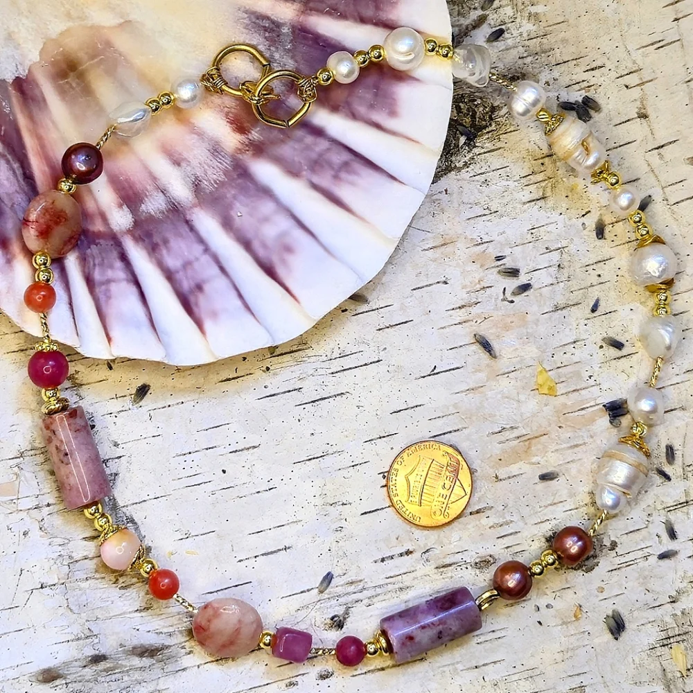 Natural Cherry Red Jade & White Baroque Pearls In Assymetrical Freeform Necklace